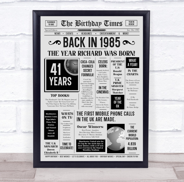 Born In 1985 Grey Newspaper Birthday Facts Any Year Any Age Personalised Print