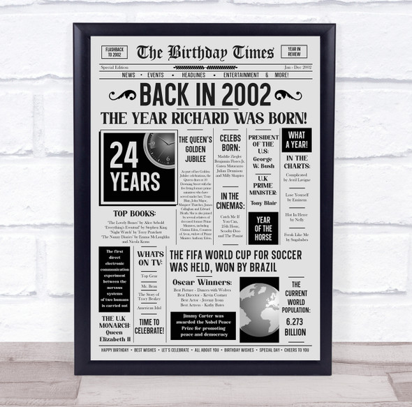 Born In 2002 Grey Newspaper Birthday Facts Any Year Any Age Personalised Print