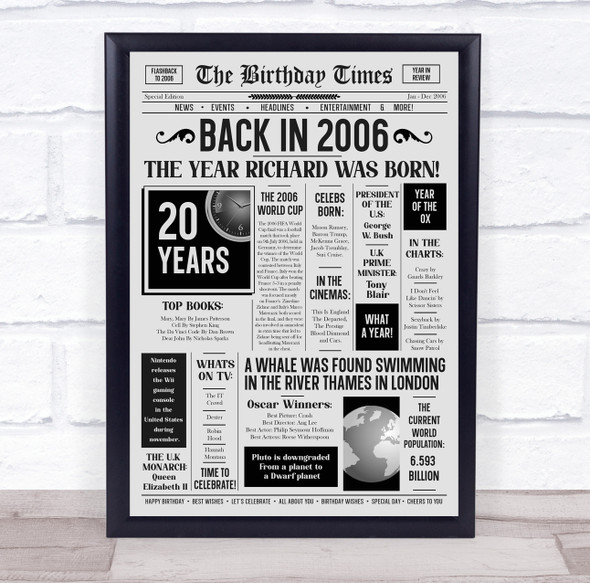 Born In 2006 Grey Newspaper Birthday Facts Any Year Any Age Personalised Print