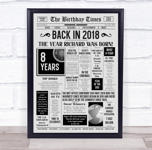 Born In 2018 Grey Newspaper Birthday Facts Any Year Any Age Personalised Print