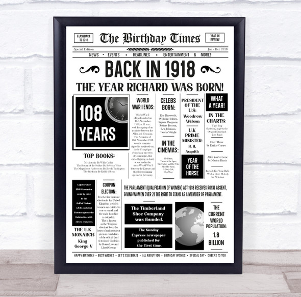Born In 1918 White Newspaper Birthday Facts Any Year Any Age Personalised Print