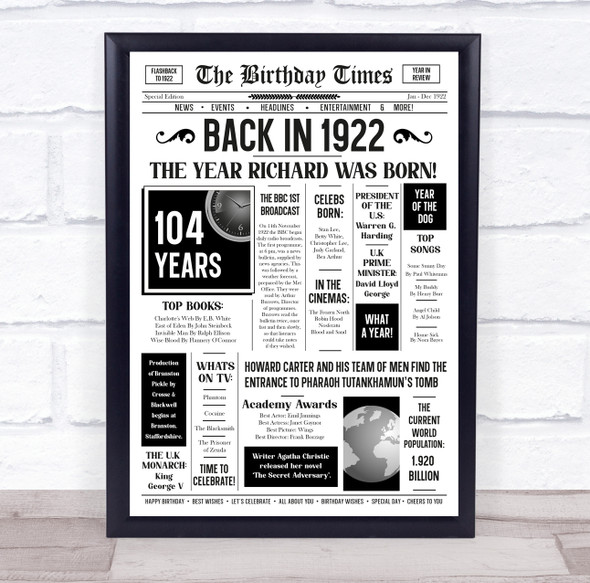 Born In 1922 White Newspaper Birthday Facts Any Year Any Age Personalised Print
