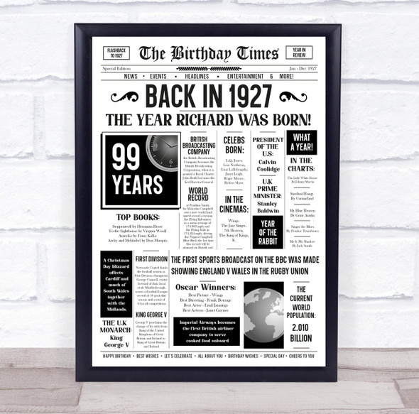 Born In 1927 White Newspaper Birthday Facts Any Year Any Age Personalised Print