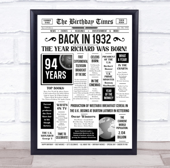 Born In 1932 White Newspaper Birthday Facts Any Year Any Age Personalised Print