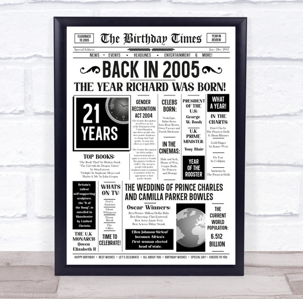 Born In 2005 White Newspaper Birthday Facts Any Year Any Age Personalised Print