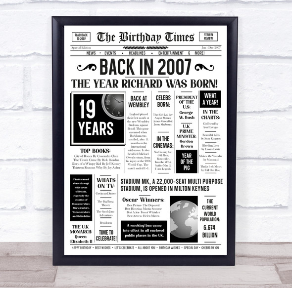 Born In 2007 White Newspaper Birthday Facts Any Year Any Age Personalised Print