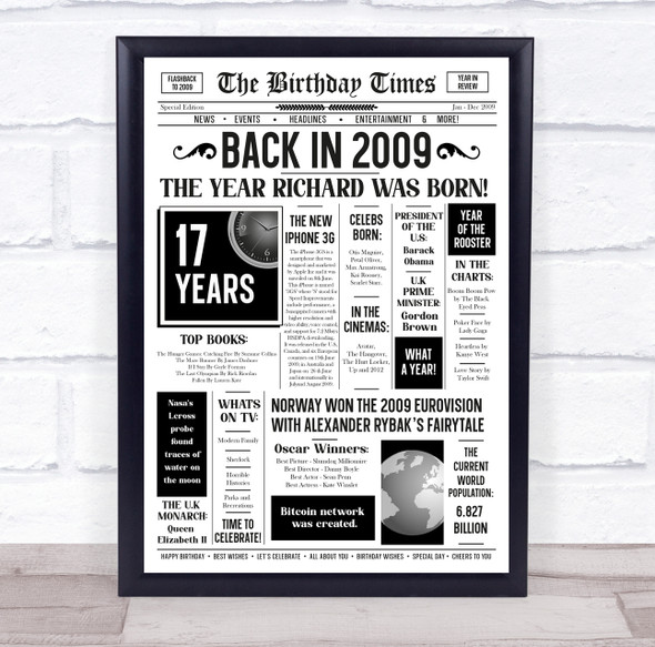 Born In 2009 White Newspaper Birthday Facts Any Year Any Age Personalised Print