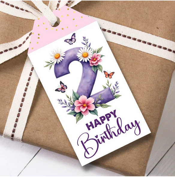 12 Large Gift Tags 2nd Birthday Floral Butterflies Girls Kids Birthday