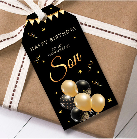 Birthday 12 Large Gift Tags For Son Black and Gold Balloons Birthday