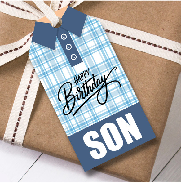 Birthday 12 Large Gift Tags For Son Blue Check Shirt Birthday