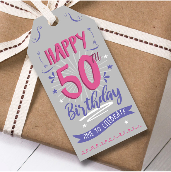 Birthday 12 Large Gift Tags 50th Birthday Female Pink Grey Swirls