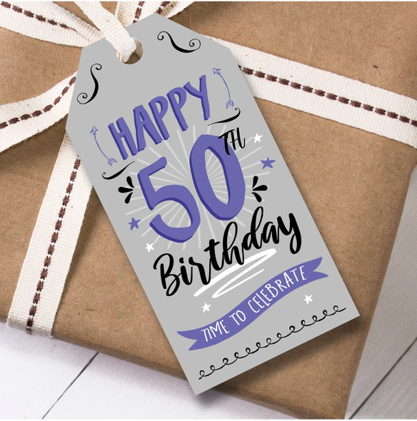 Birthday 12 Large Gift Tags 50th Birthday Male Grey Swirls