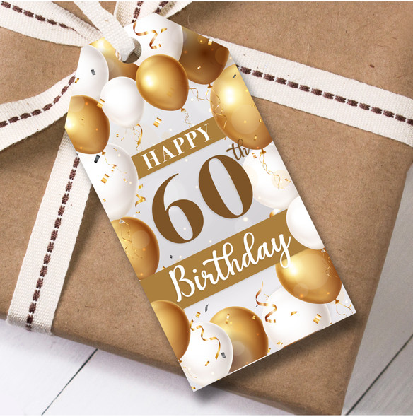 Birthday 12 Large Gift Tags 60th Birthday Gold White Balloons