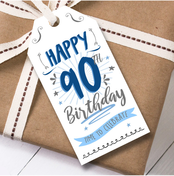 Birthday 12 Large Gift Tags 90th Birthday Male Blue Swirls