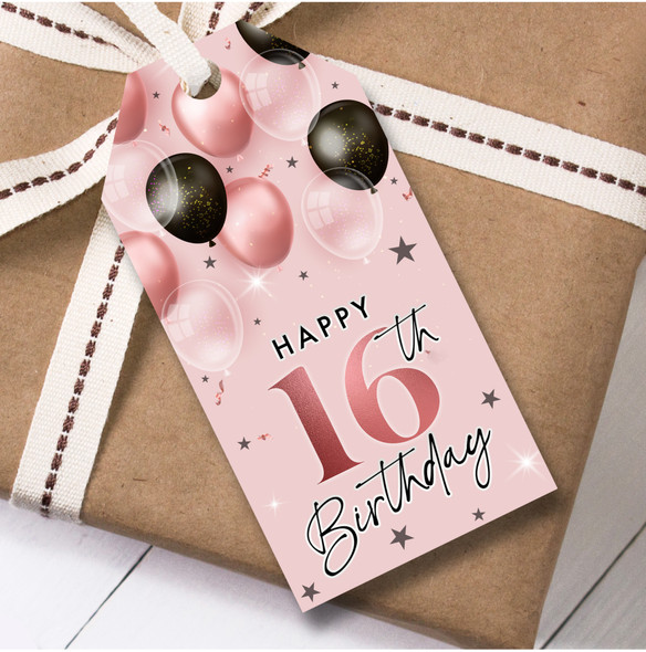 12 Large Gift Tags 16th Birthday Pink & Black Balloons Birthday