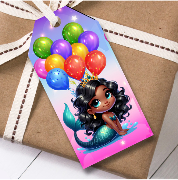 Birthday 12 Large Gift Tags Dark Skin Mermaid Girls Kids Birthday