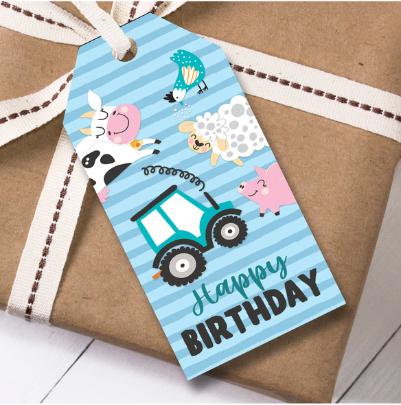 Birthday 12 Large Gift Tags Farm Animals Tractor Kids Boy Birthday Blue