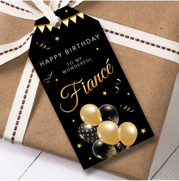 Birthday 12 Large Gift Tags For Fiance Black and Gold Balloons Birthday