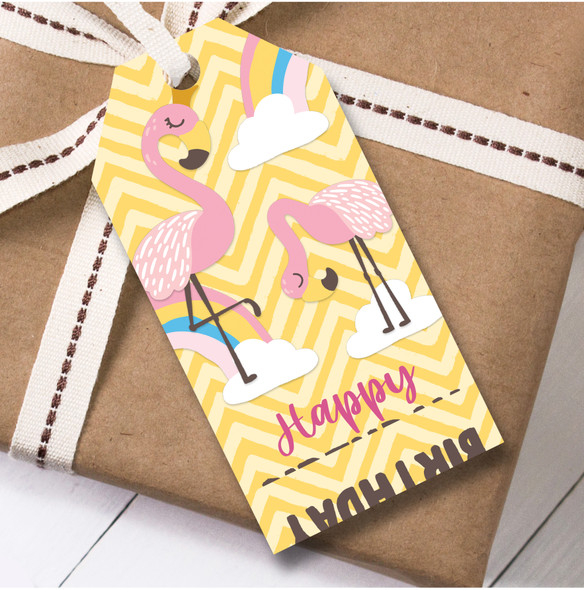 Birthday 12 Large Gift Tags Flamingo Rainbow Kids Girl Birthday Yellow