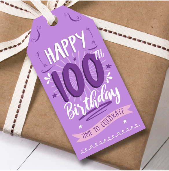 Birthday 12 Large Gift Tags 100th Birthday Female Purple Swirls