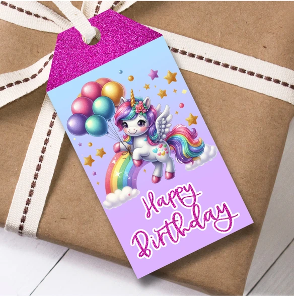 Birthday 12 Large Gift Tags Glitter Rainbow Unicorn Girls Kids Birthday