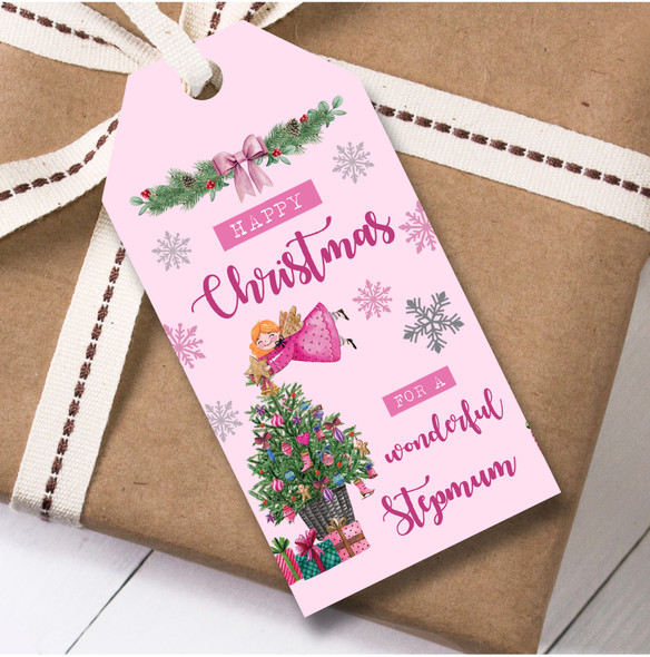 Christmas 12 Large Gift Tags For Stepmum Pink Fairy Christmas Tree
