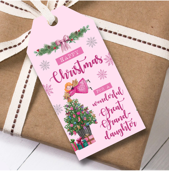 Christmas 12 Large Gift Tags For Great Granddaughter Pink Fairy Xmas Tree