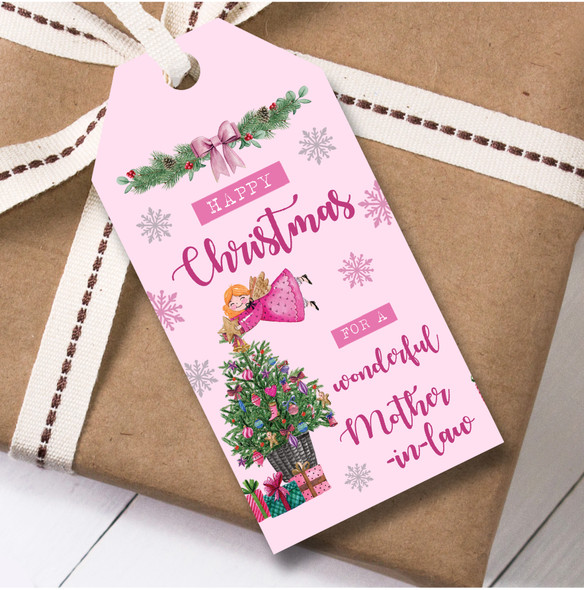 Christmas 12 Large Gift Tags For Mother-In-law Pink Fairy Christmas Tree