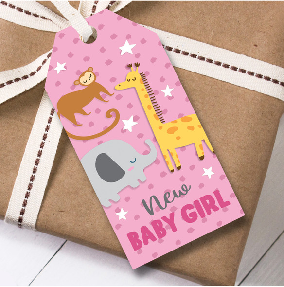 New Baby 12 Large Gift Tags Animals New Baby Girl Pink