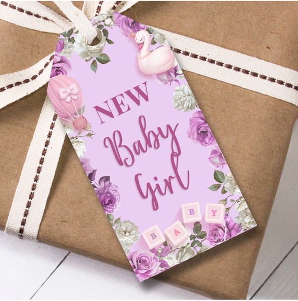 New Baby 12 Large Gift Tags New Baby Girl Pink Flowers Swans Shoes