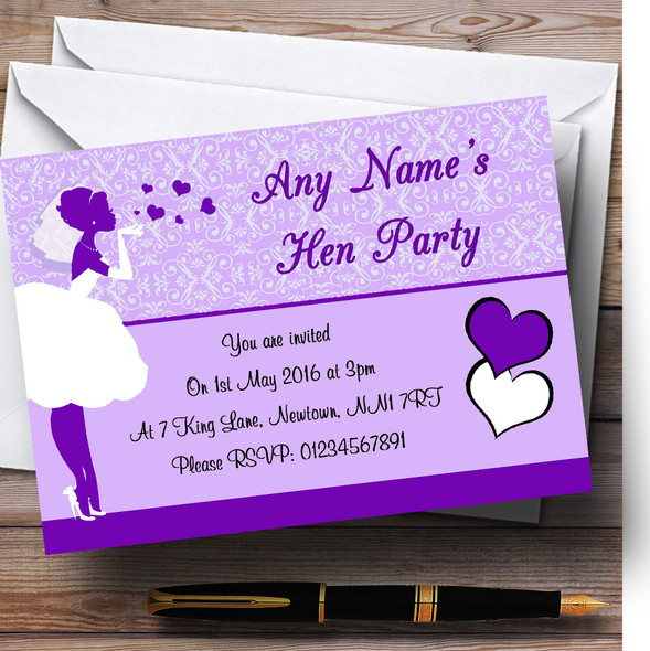 Purple Bride Hearts Customised Hen Party Invitations