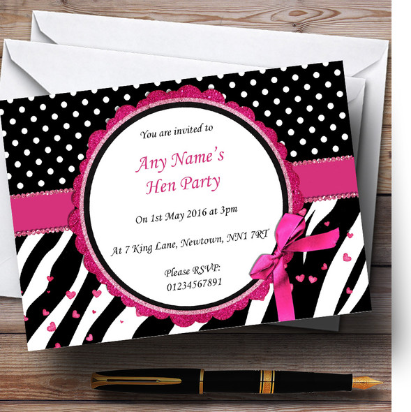 Zebra Print And Polka Dot Black Pink Customised Hen Party Invitations