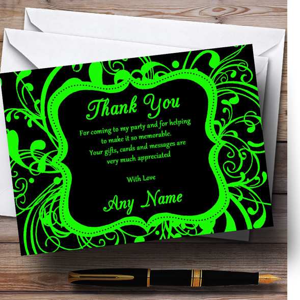 Black & Green Swirl Deco Customised Birthday Party Thank You Cards