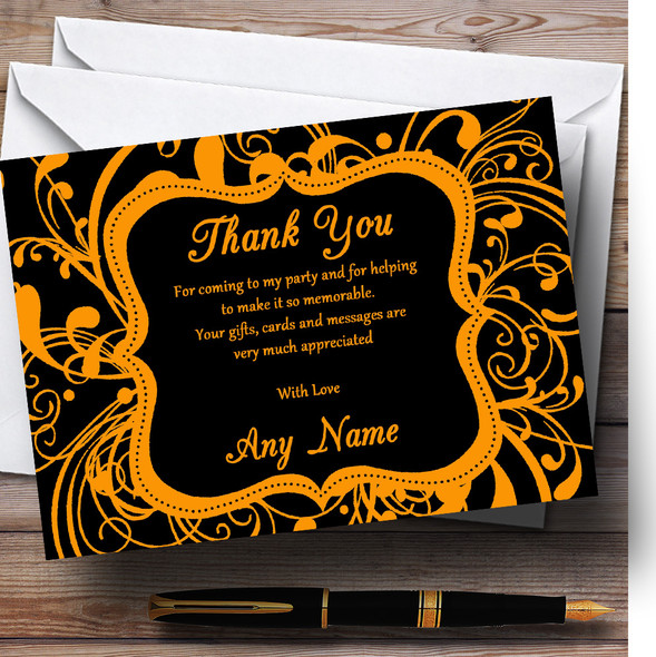 Black & Orange Swirl Deco Customised Birthday Party Thank You Cards