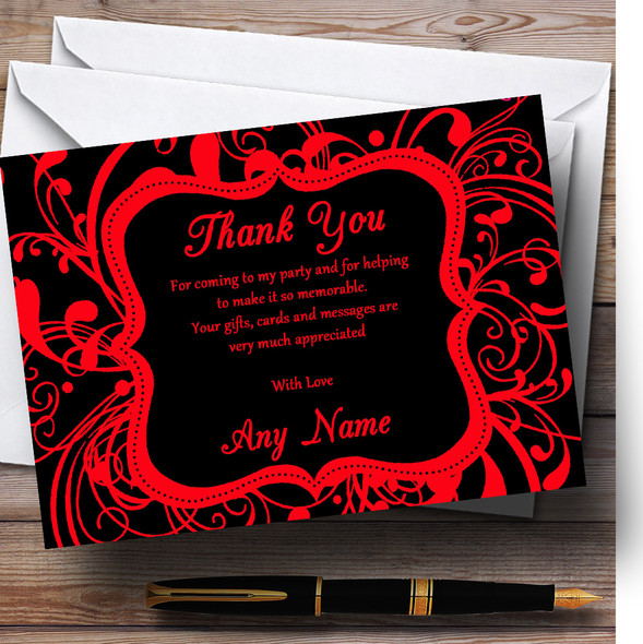 Black & Red Swirl Deco Customised Birthday Party Thank You Cards