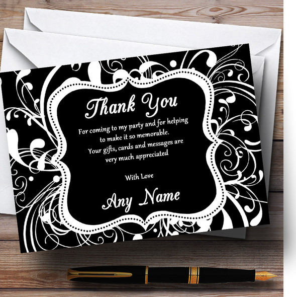 Black & White Swirl Deco Customised Birthday Party Thank You Cards