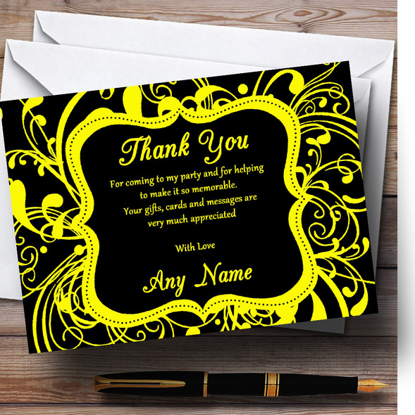 Black & Yellow Swirl Deco Customised Birthday Party Thank You Cards