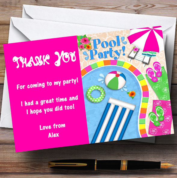 Hot Pink Summer Swimming Pool Beach Customised Party Thank You Cards