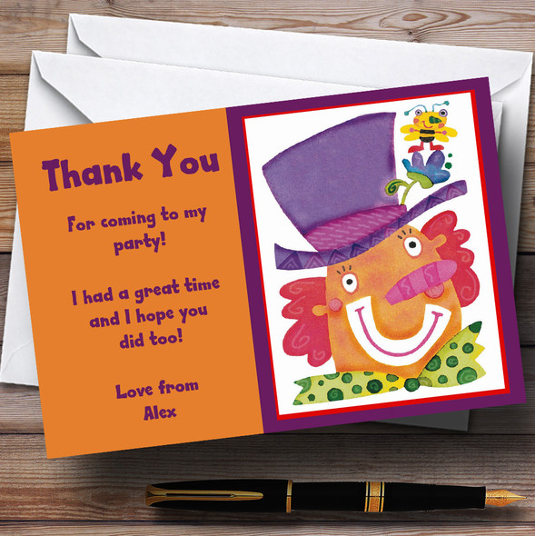 Clown Orange Purple Customised Party Thank You Cards