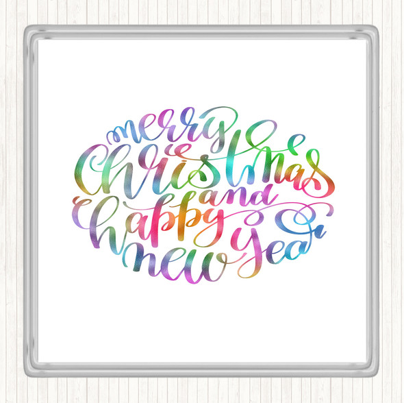 Christmas Merry Xmas Happy New Year Rainbow Quote Coaster
