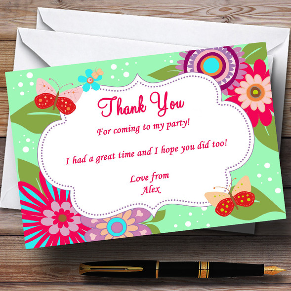 Flowers Butterflies Pretty Customised Birthday Party Thank You Cards