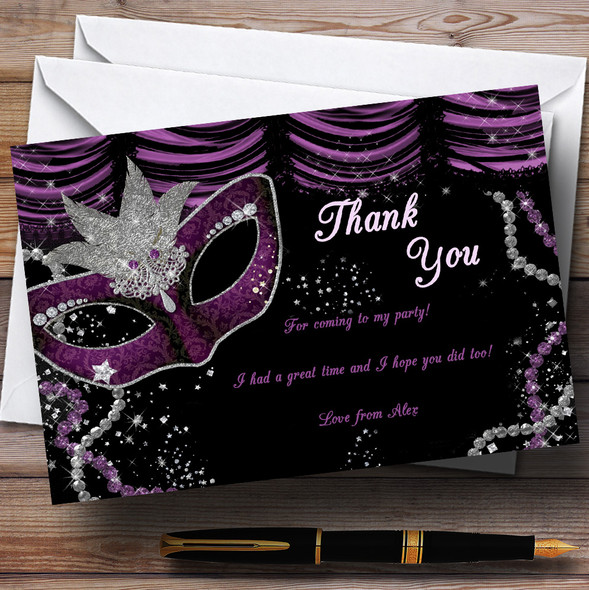 Masquerade Purple Customised Birthday Party Thank You Cards