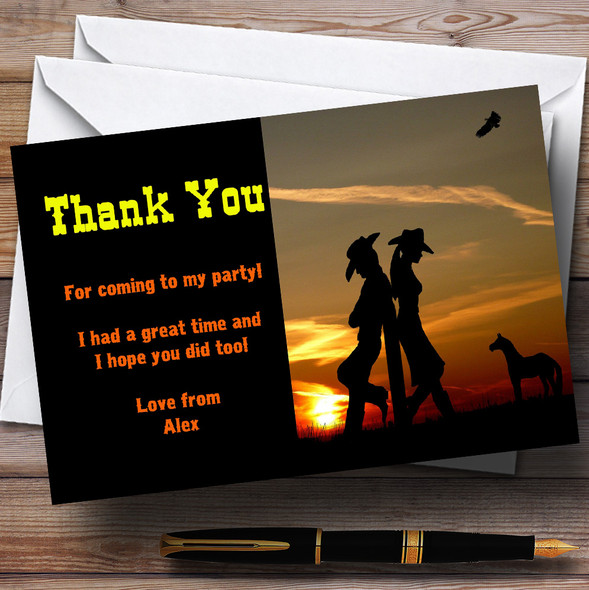Cowboy And Cowgirl At Sunset Customised Birthday Party Thank You Cards