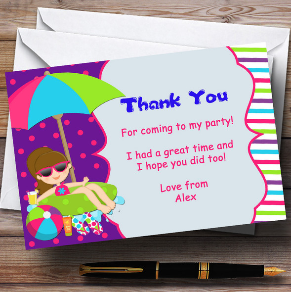 Purple And Pink Swimming Pool Beach Customised Birthday Party Thank You Cards