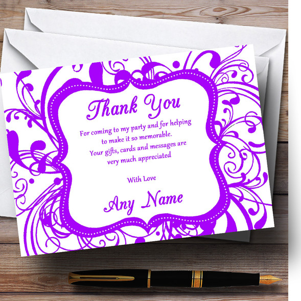 White & Purple Swirl Deco Customised Birthday Party Thank You Cards