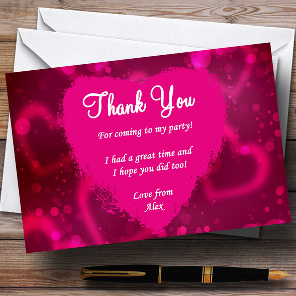 Hot Pink Heart Customised Party Thank You Cards