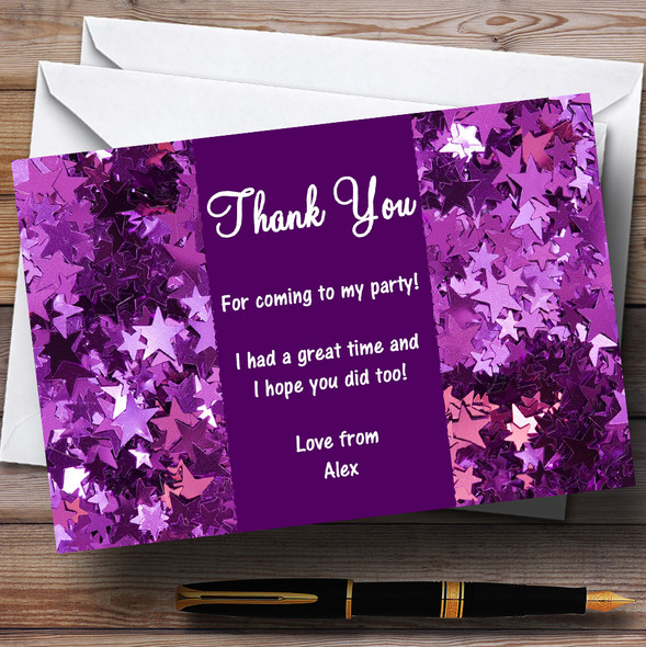 Purple Glittery Stars Customised Party Thank You Cards
