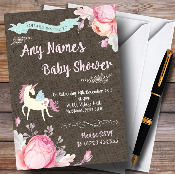 Pretty Floral Burlap Unicorn Invitations Baby Shower Invitations