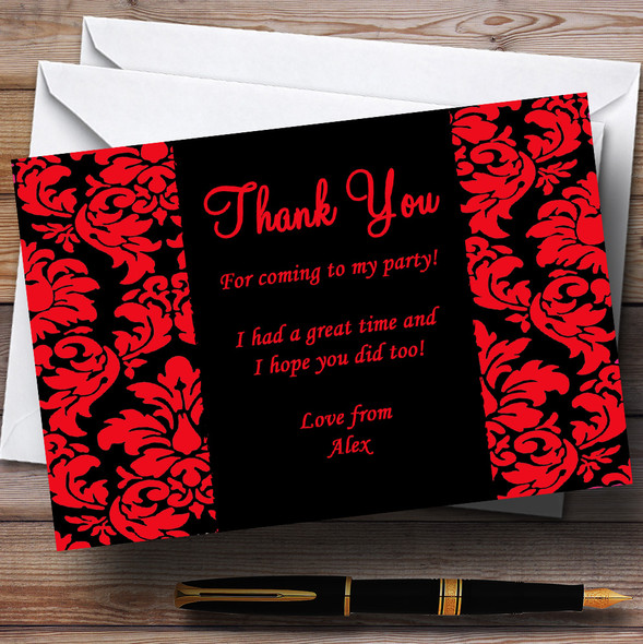 Floral Black & Red Damask Customised Party Thank You Cards