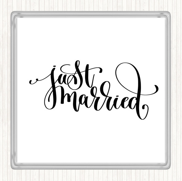 White Black Just Married Swirl Quote Coaster